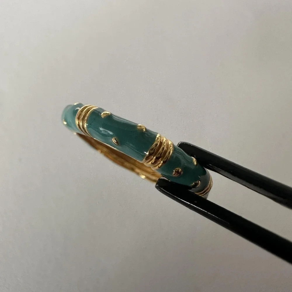 Aqua Blue Green Enamel Gold Tone Band Ring Size 7 Dotted Bamboo Stackable Boho
